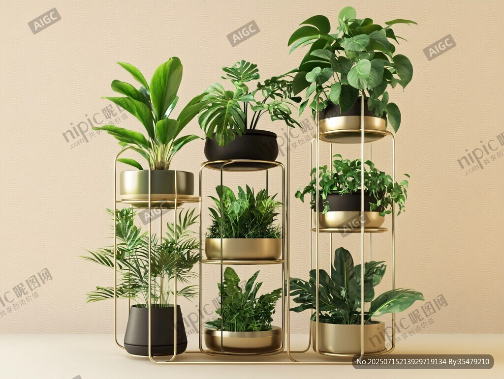 金屬花架上的多樣綠植