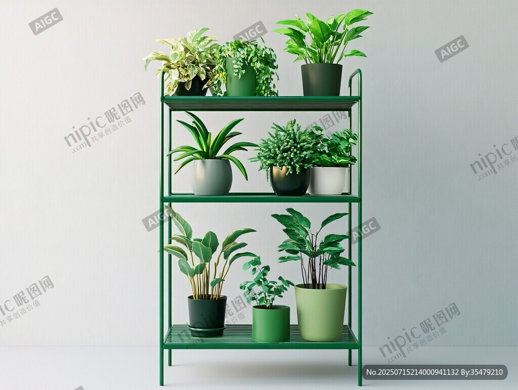 綠色花架上的多樣盆栽