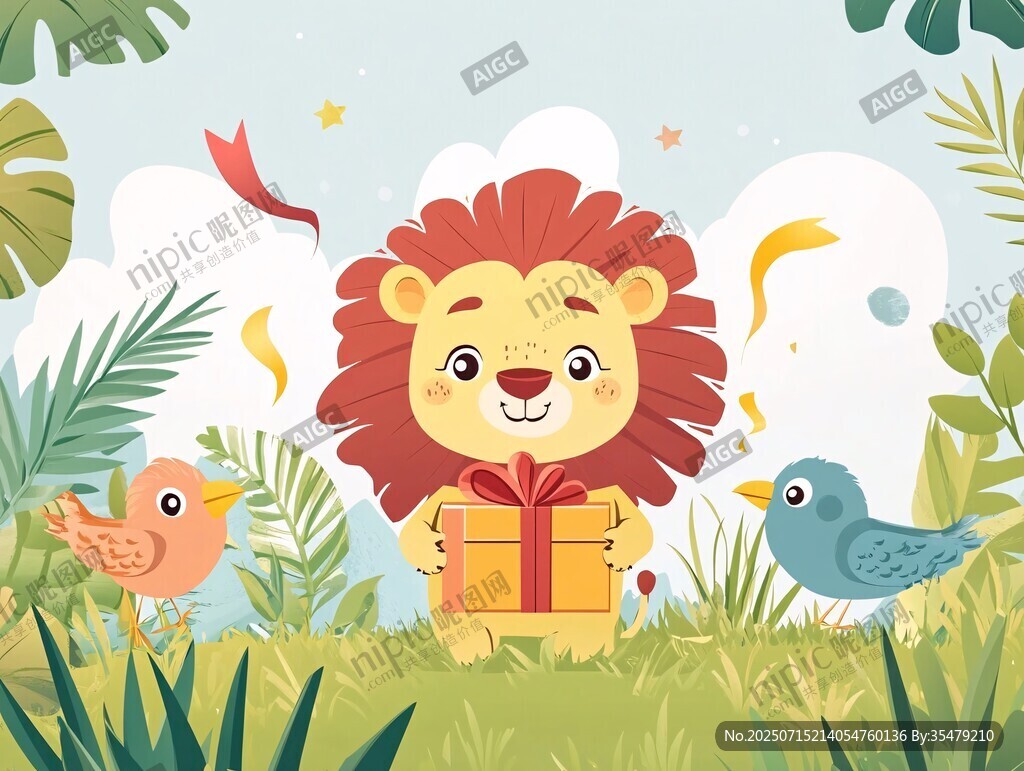 獅子手持禮物的歡樂場景