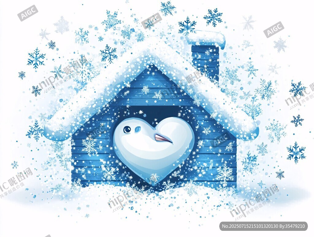 雪中小屋愛心雪人圖景