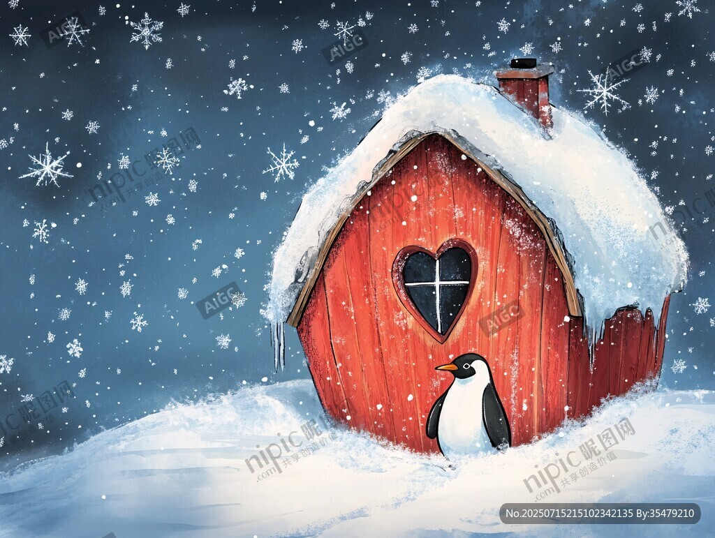雪中小屋旁的可愛企鵝