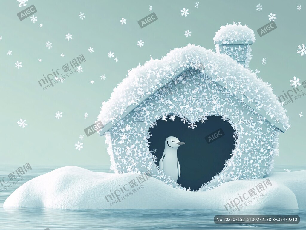 雪中小屋旁的孤獨(dú)企鵝