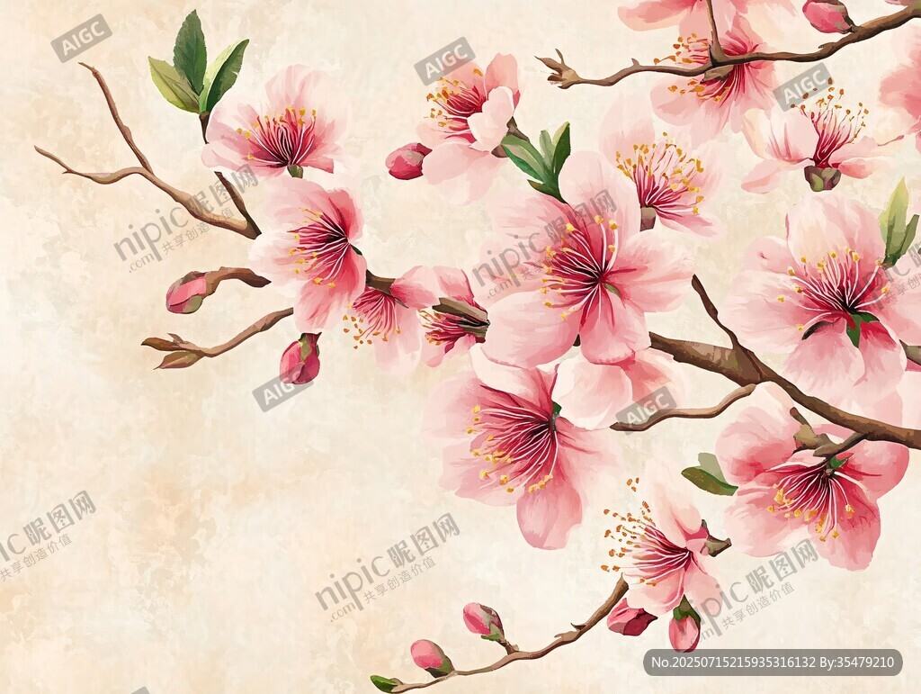 粉色桃花枝繪畫藝術(shù)圖