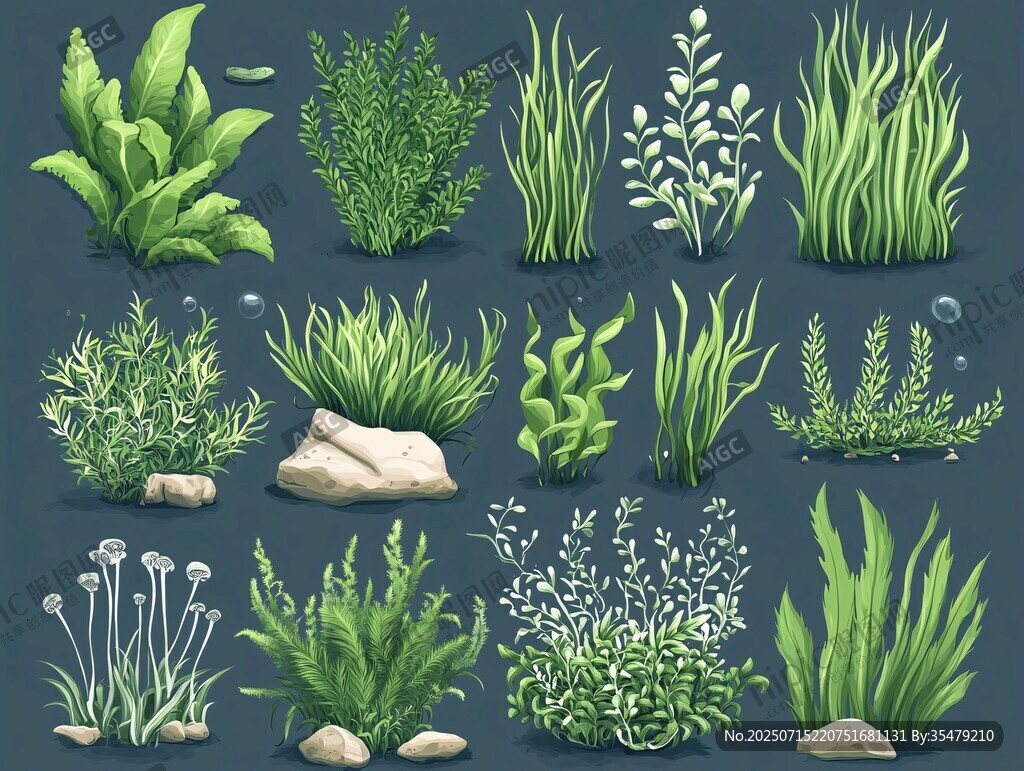 水下綠植與石頭插畫集合
