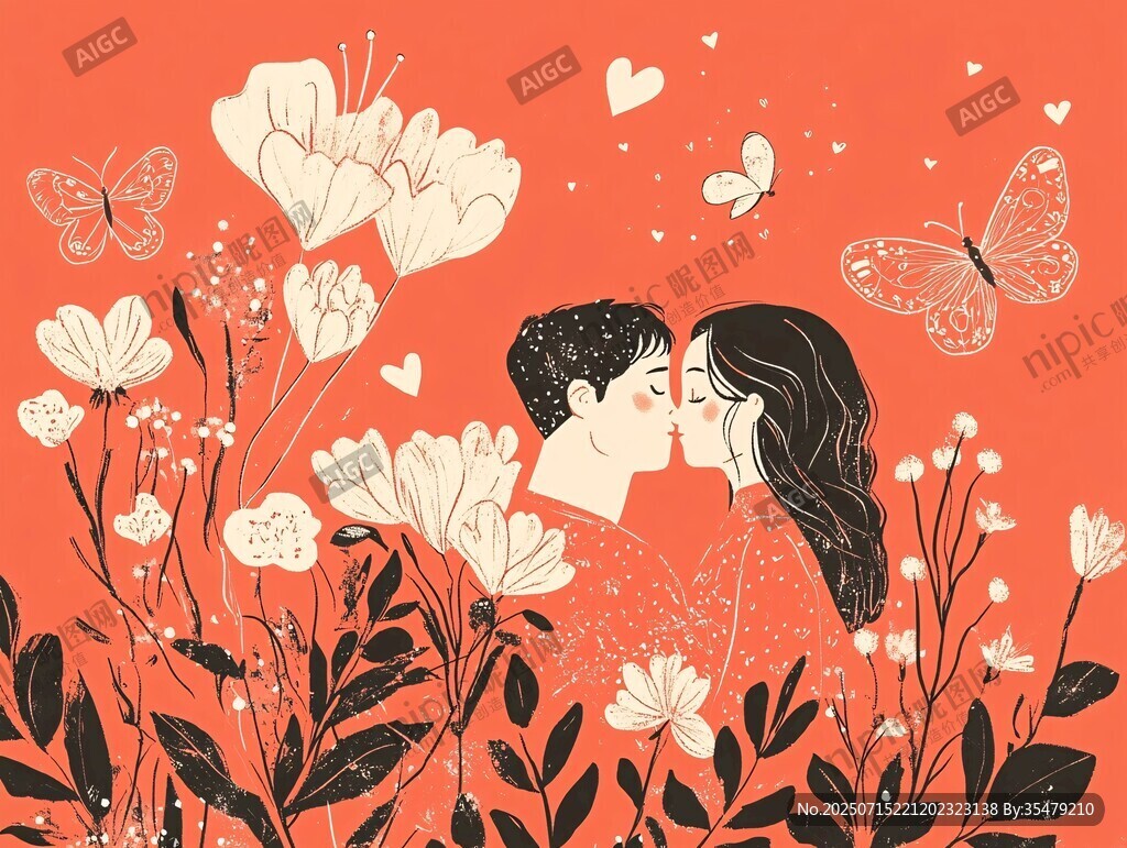 浪漫情侶花叢中甜蜜親吻