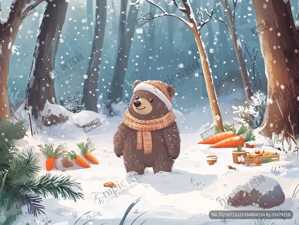 雪地中戴帽圍巾的可愛(ài)棕熊