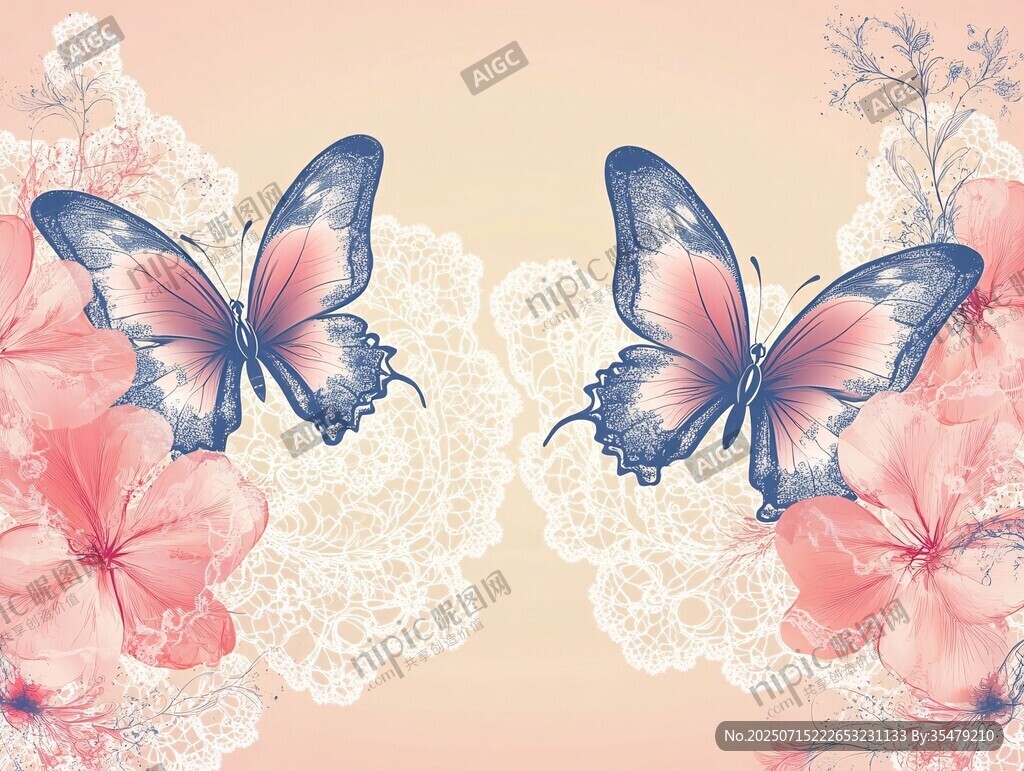 雙蝶戲花浪漫唯美插畫