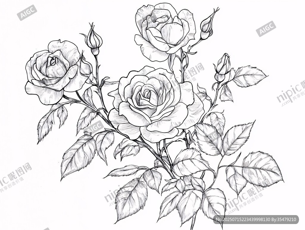 手繪素描玫瑰花枝