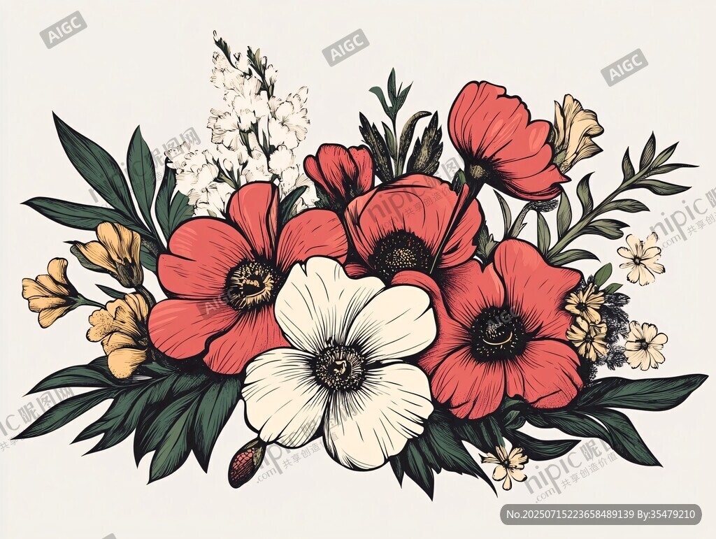 手繪花卉組合插畫