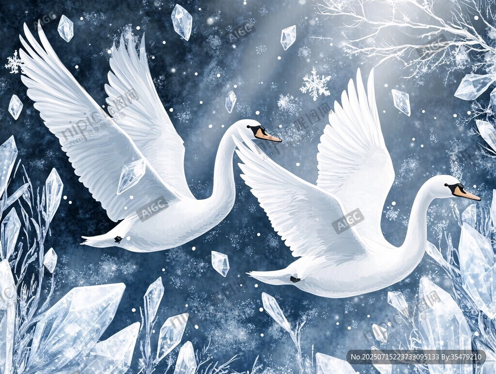 冬日雙天鵝冰雪飛舞圖