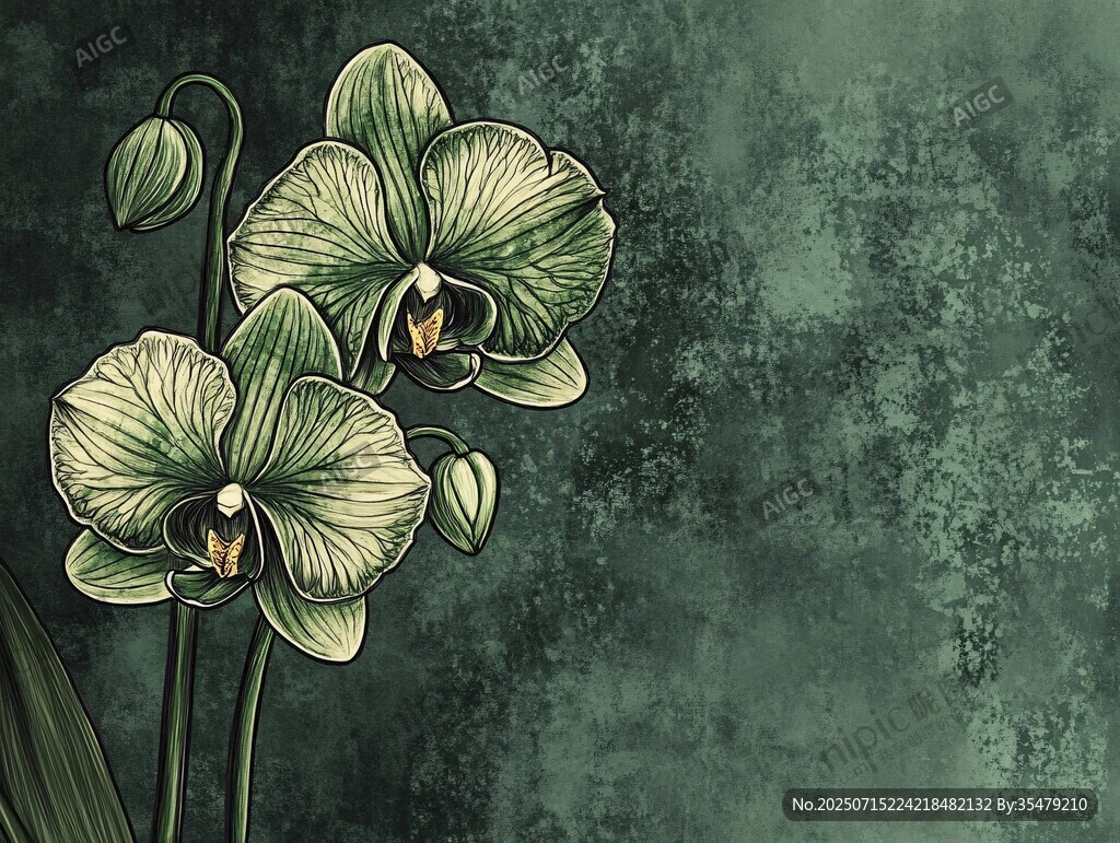 復(fù)古風(fēng)綠色蘭花插畫