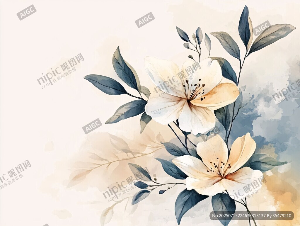 水彩花卉 淡雅花朵與枝葉