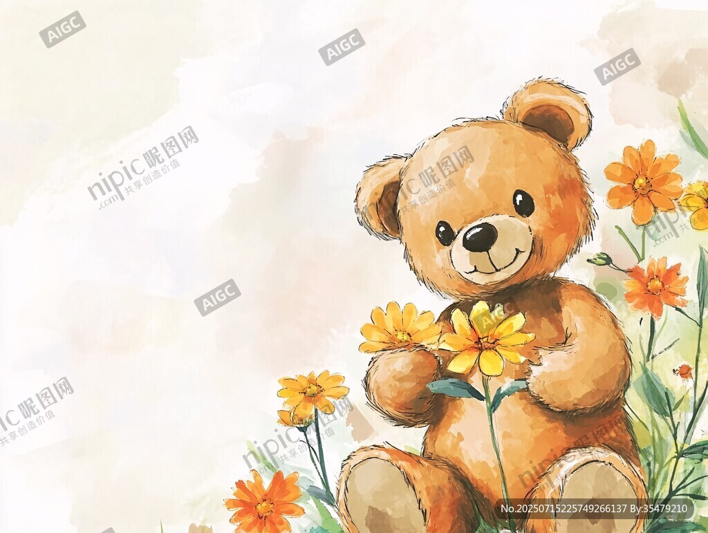 小熊捧花的溫馨水彩畫