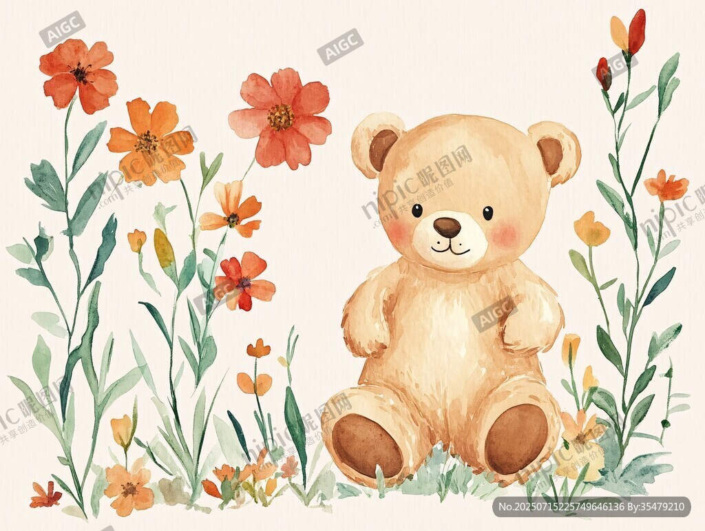 小熊坐花叢中可愛插畫