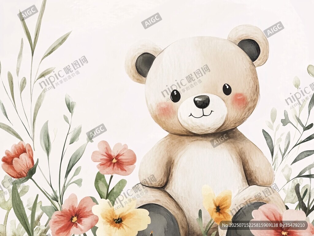 小熊坐花叢 可愛水彩畫