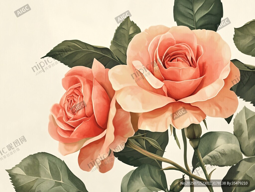 兩朵柔美粉玫瑰插畫