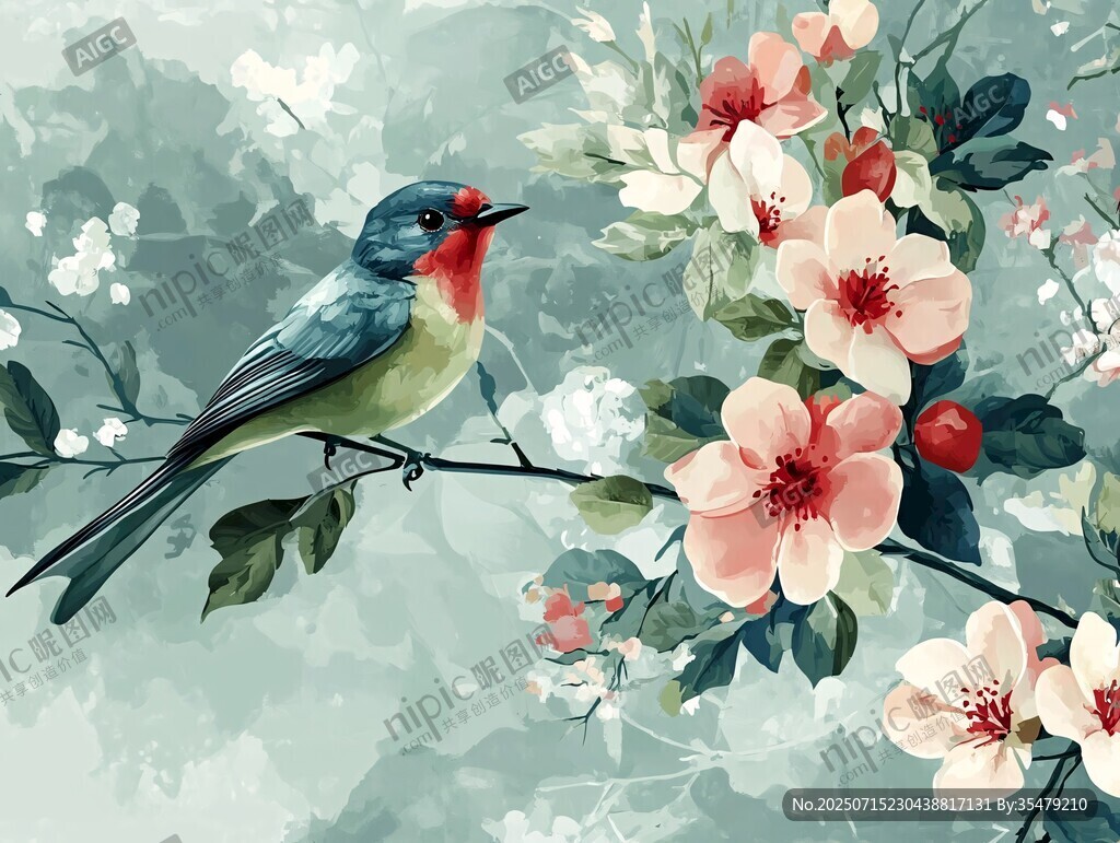 枝頭鳥(niǎo)棲繁花間