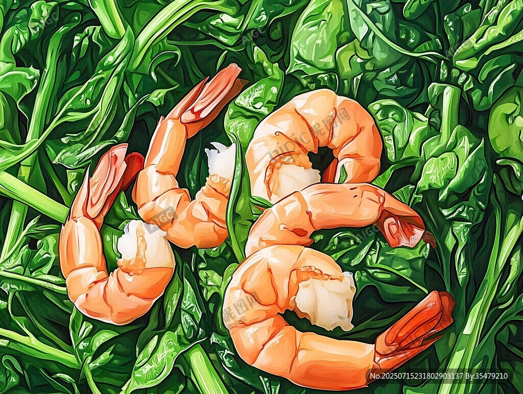 鮮蝦配綠葉蔬菜插畫