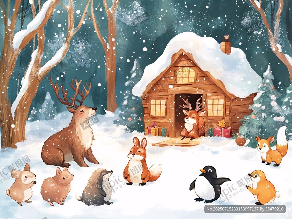 雪夜森林動物歡聚小屋