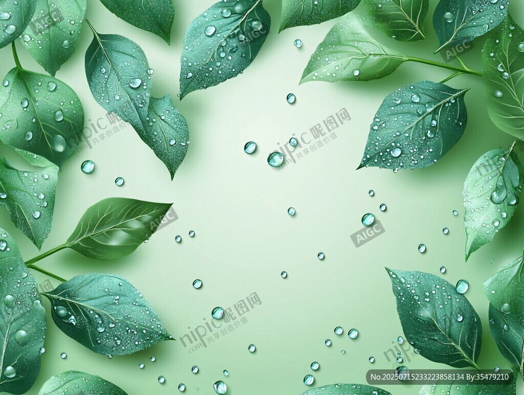 綠葉上的晶瑩水珠背景圖