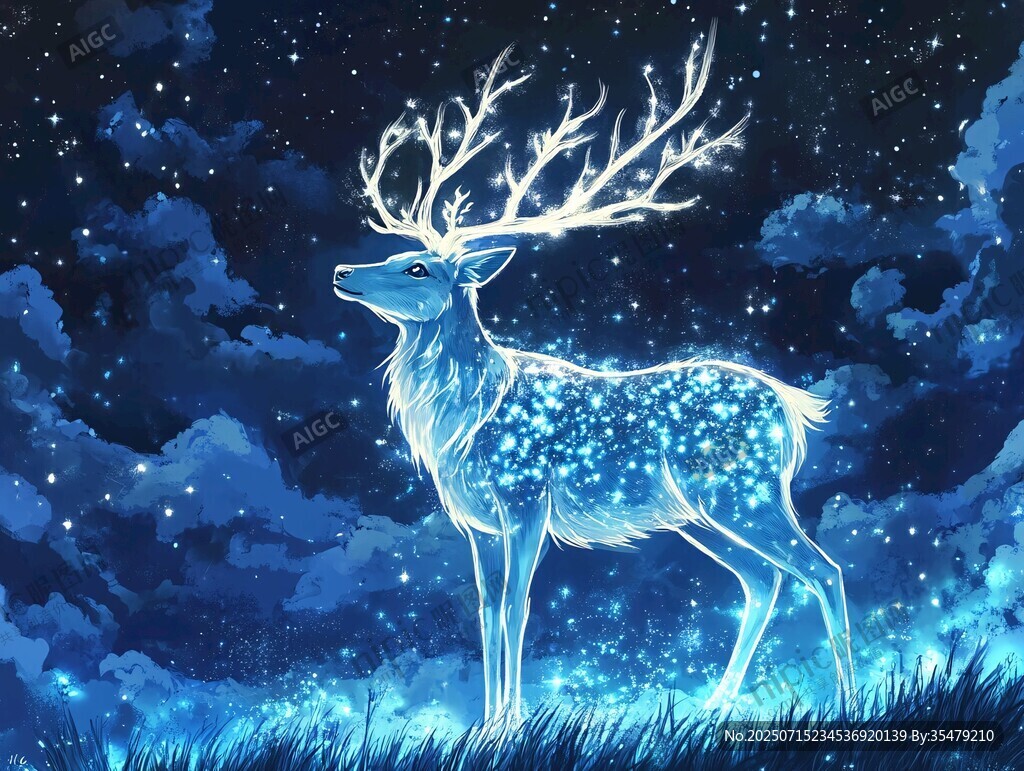 夢(mèng)幻夜空中的發(fā)光精靈鹿