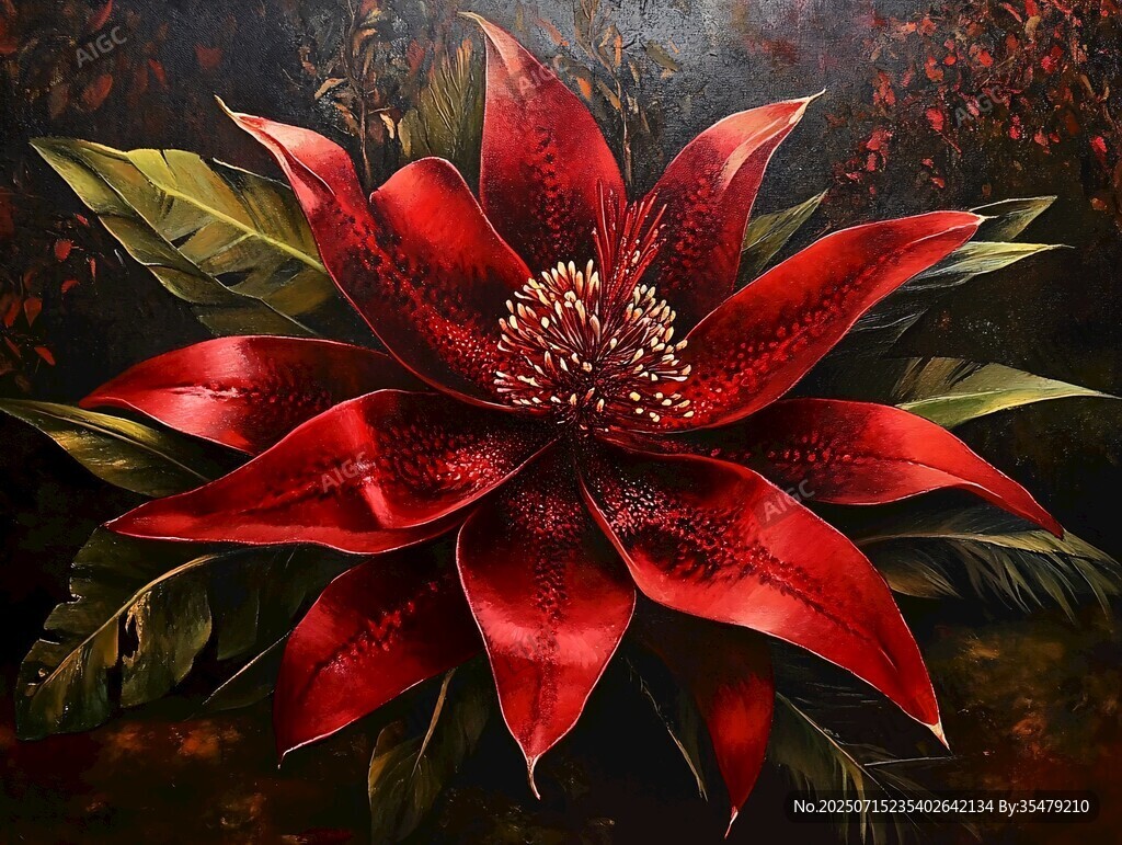艷麗紅花朵與綠葉的油畫(huà)