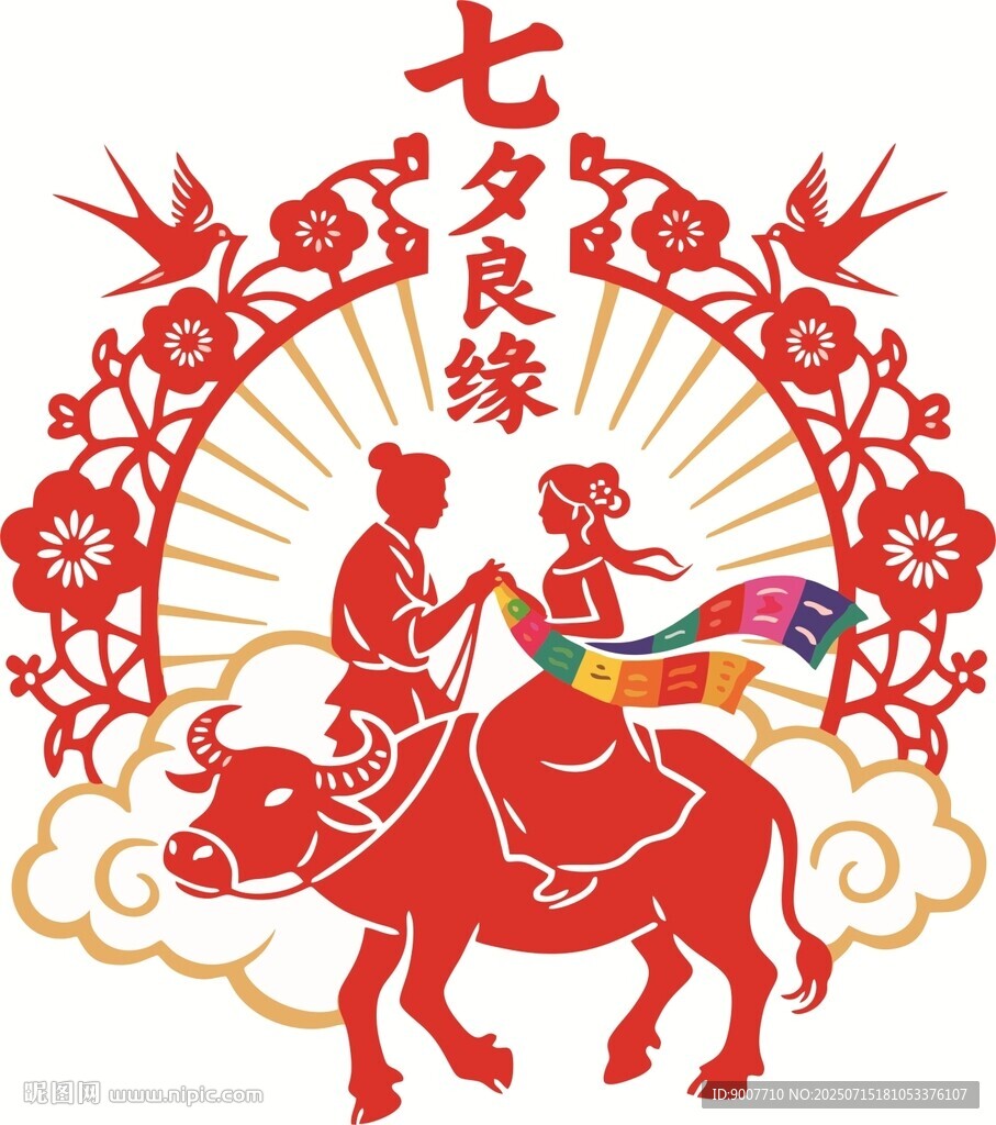 七夕良緣剪紙藝術圖案