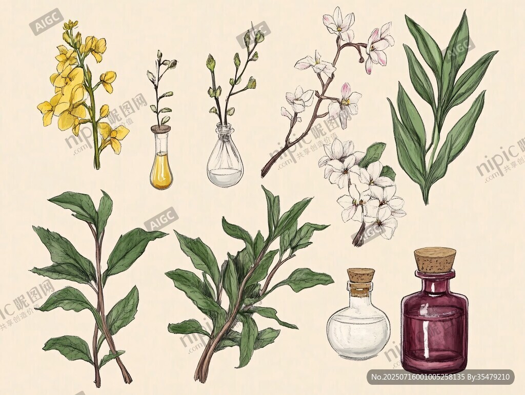 植物標(biāo)本與藥劑瓶插畫