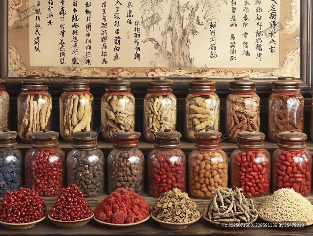 傳統(tǒng)中藥鋪的豐富藥材展示