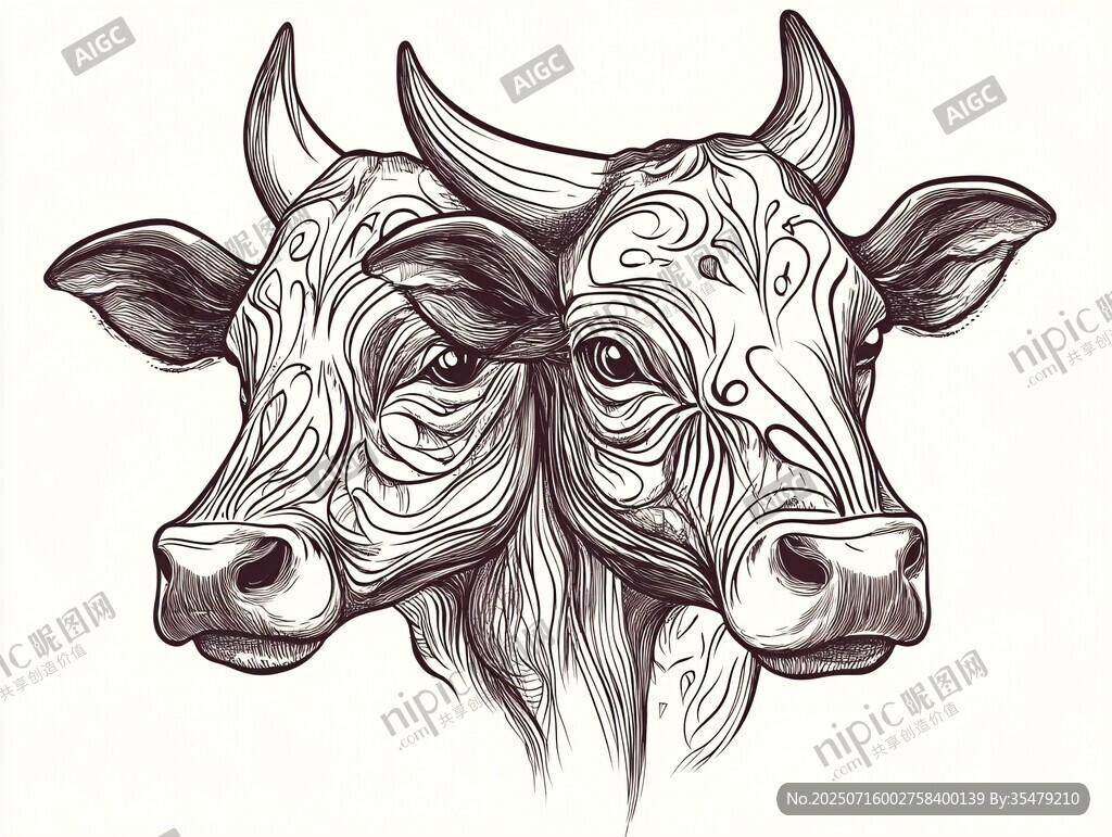 雙牛圖騰風(fēng)格頭部插畫(huà)