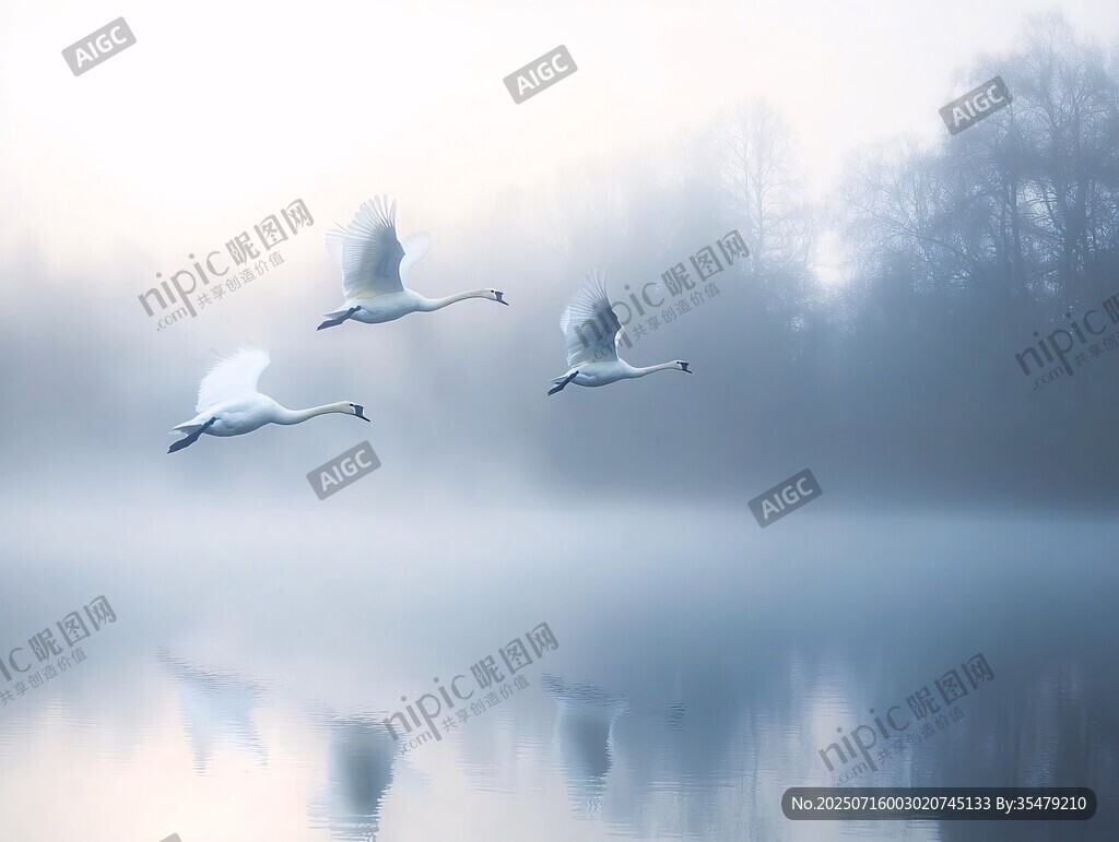 霧中天鵝湖面優(yōu)雅飛翔
