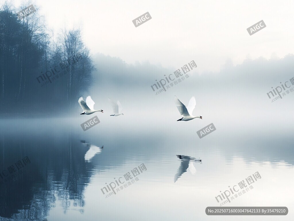 霧中天鵝湖的優(yōu)雅飛行