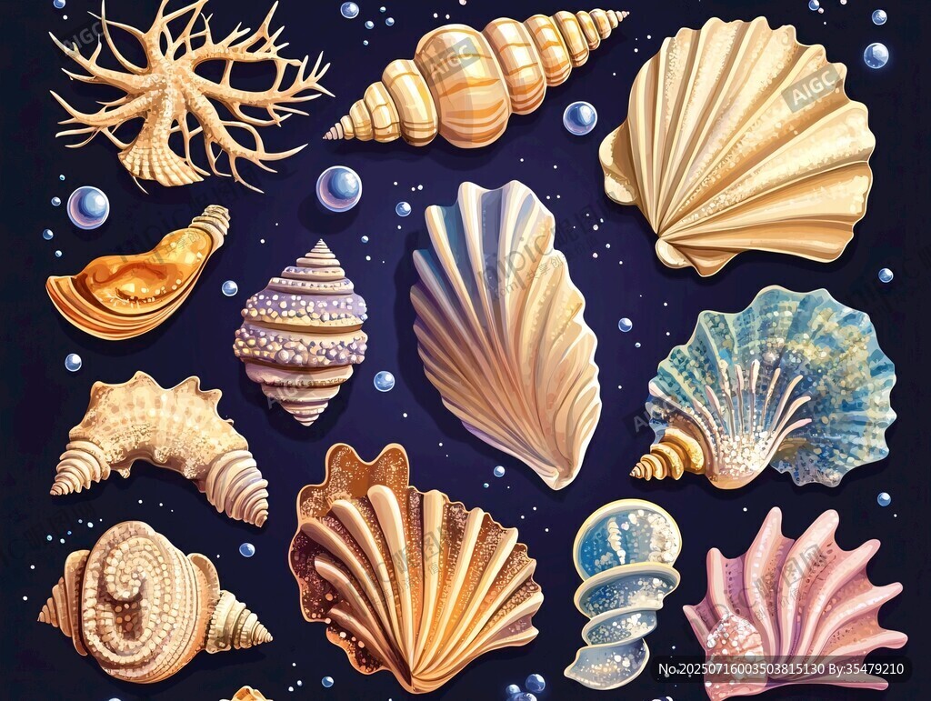多彩貝殼的海洋夢幻集合