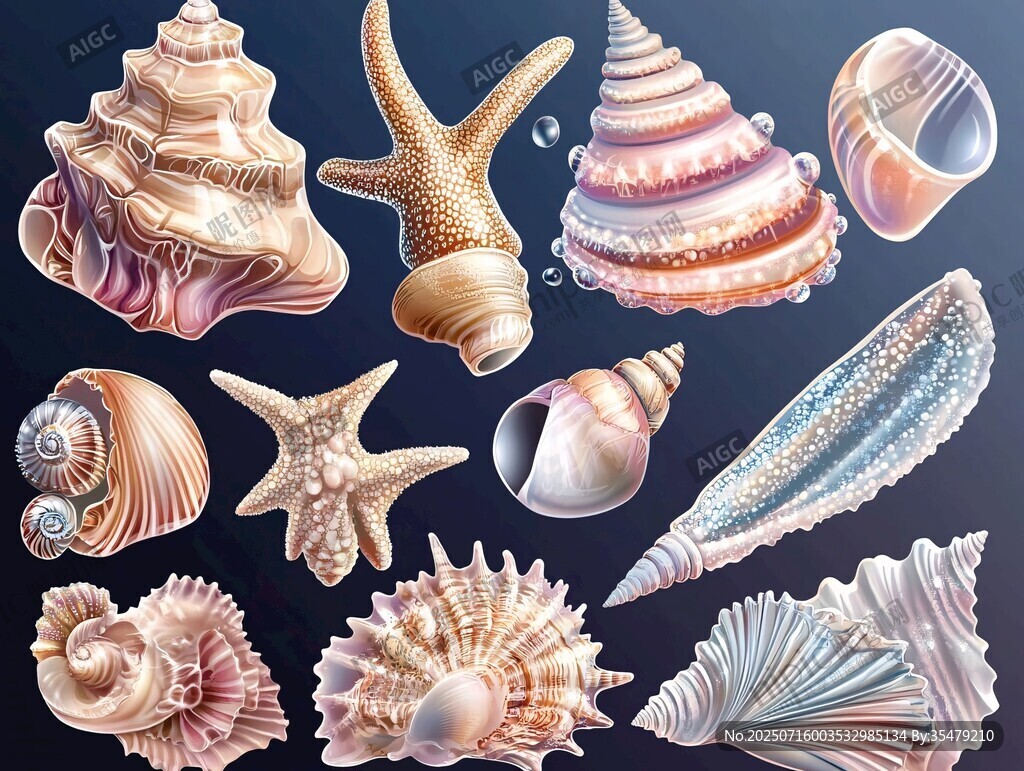 多樣海洋貝殼與海星集合