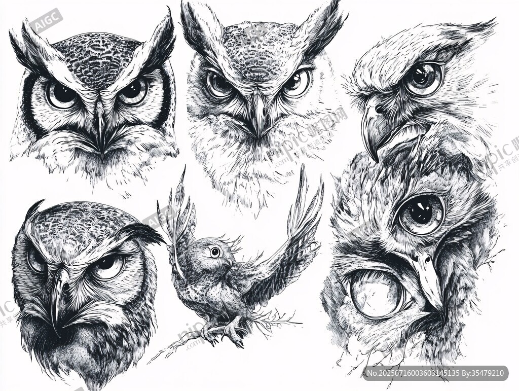 貓頭鷹手繪插畫集合