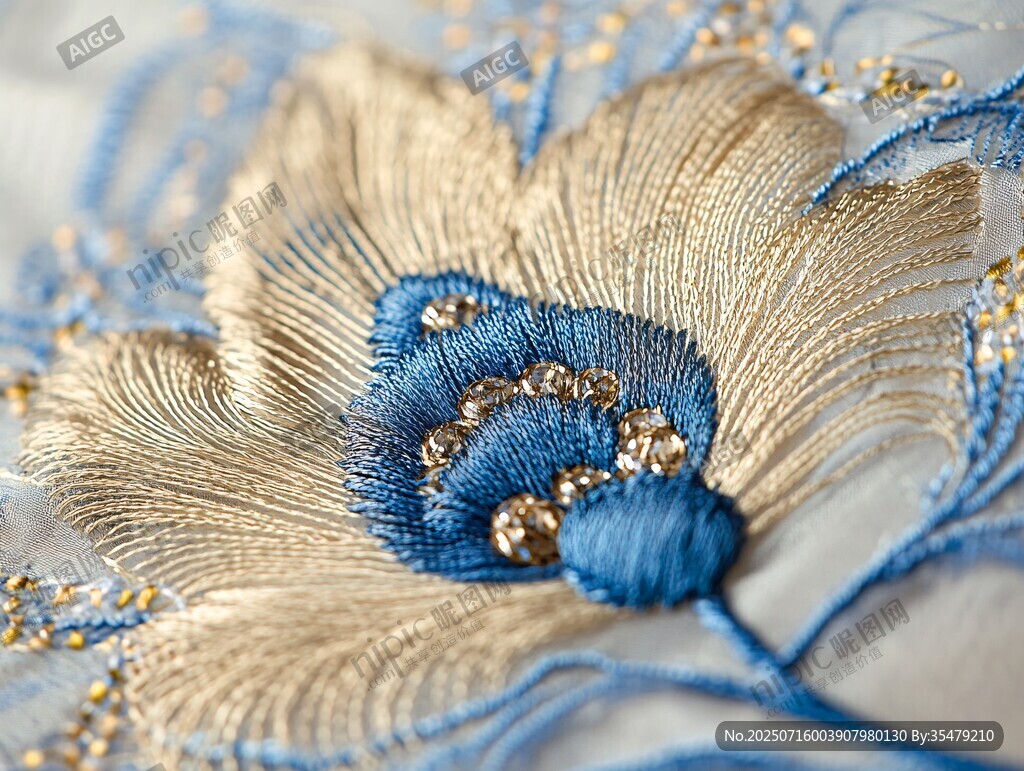 精美藍(lán)金刺繡花朵細(xì)節(jié)
