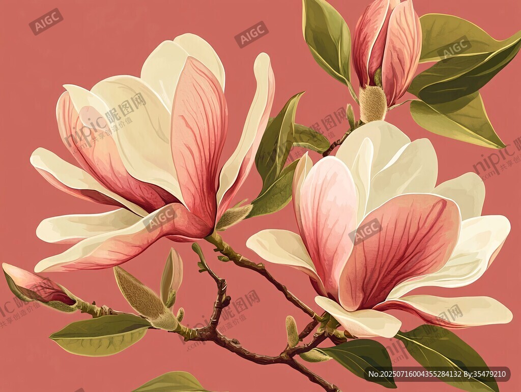 粉色玉蘭花枝插畫