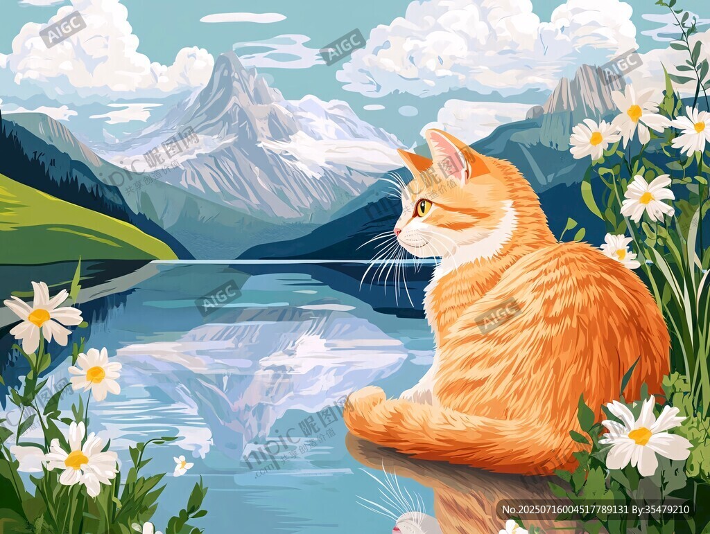 橘貓靜賞山水間美景