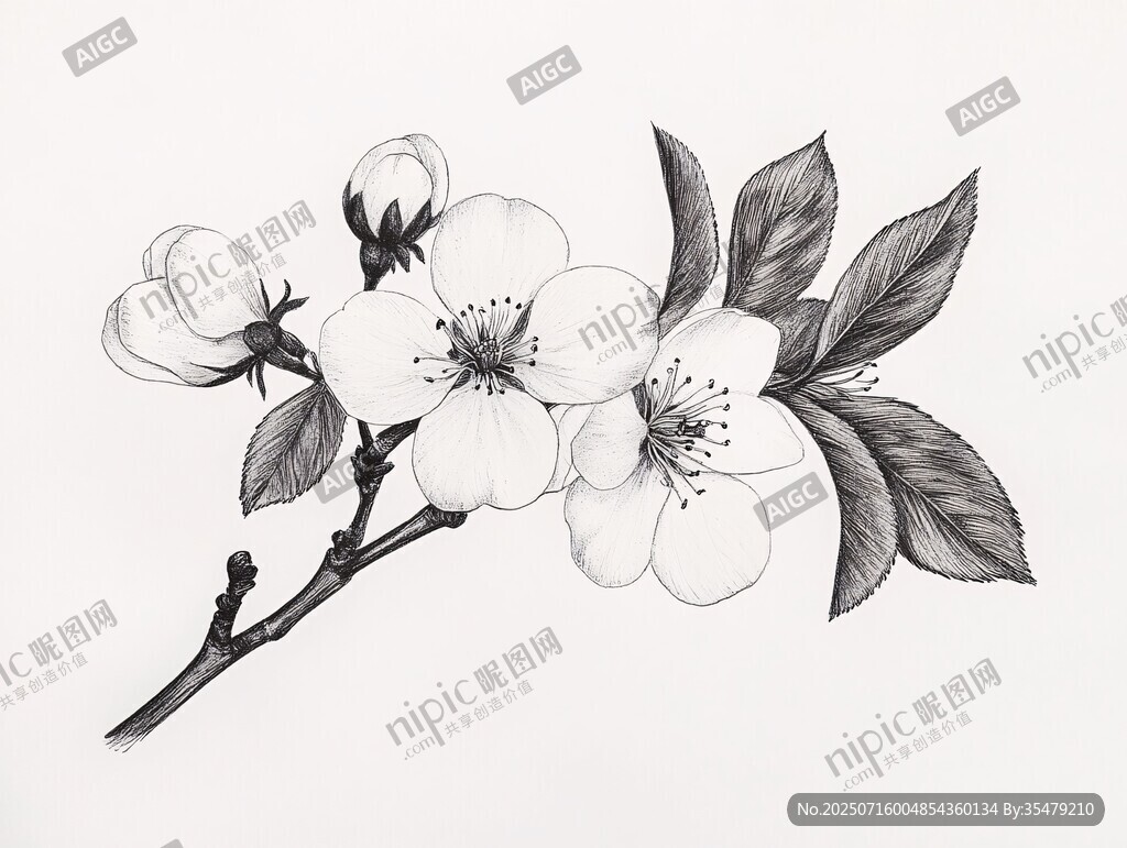 黑白手繪花卉花枝圖