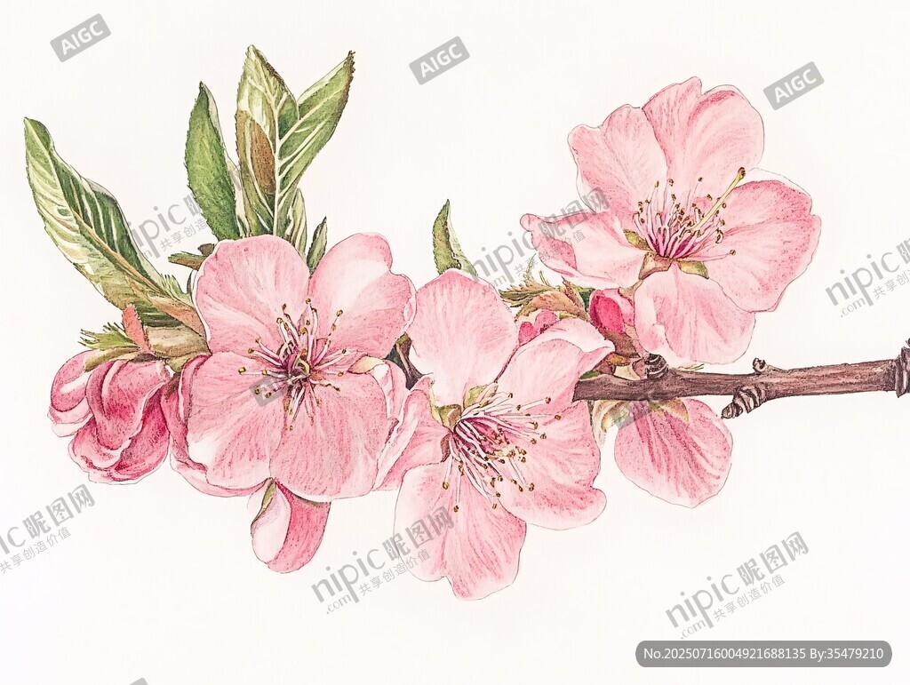 手繪粉色桃花枝