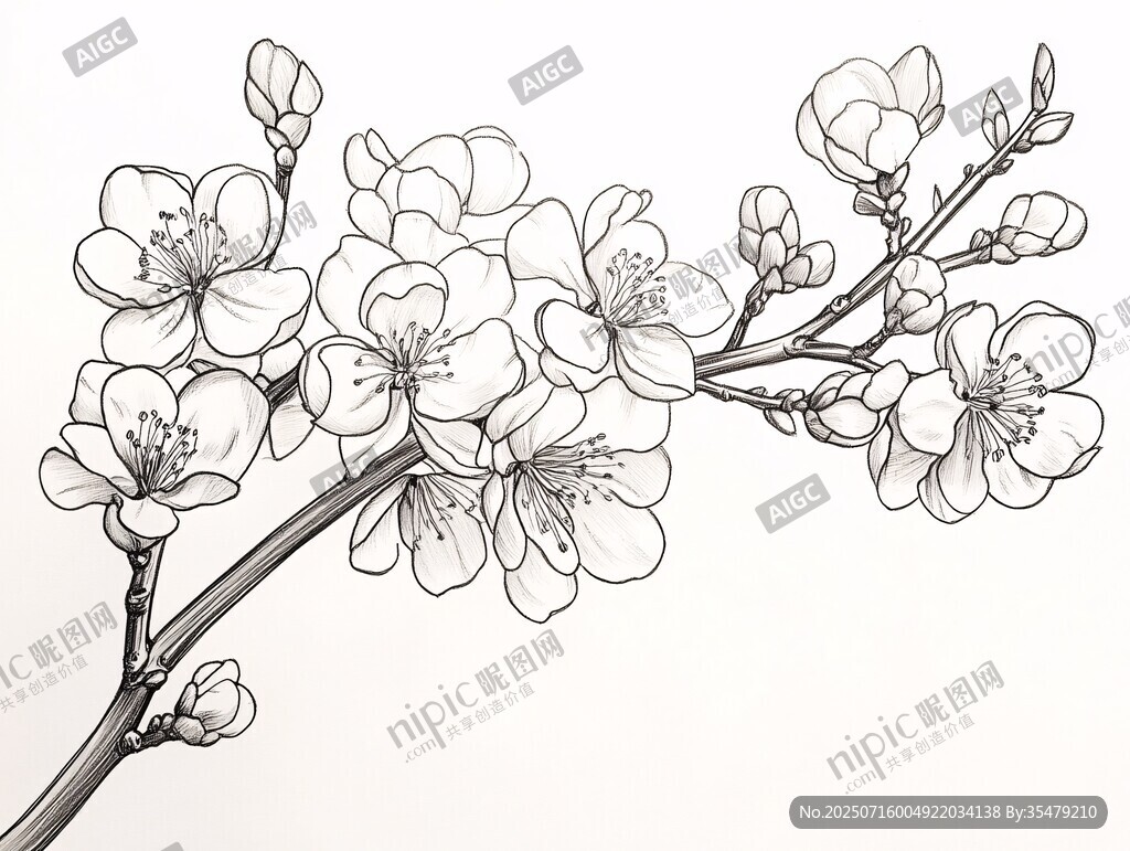 手繪花卉線條圖 綻放花枝