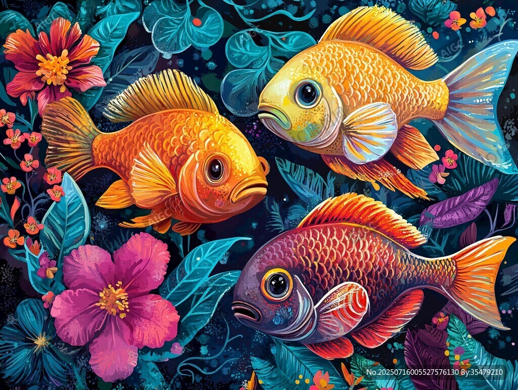 夢(mèng)幻金魚(yú)與花卉奇幻圖景