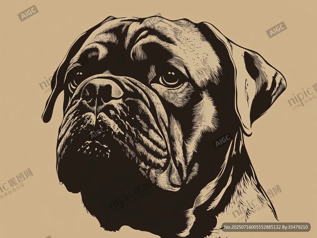 斗牛獒犬肖像黑白插畫
