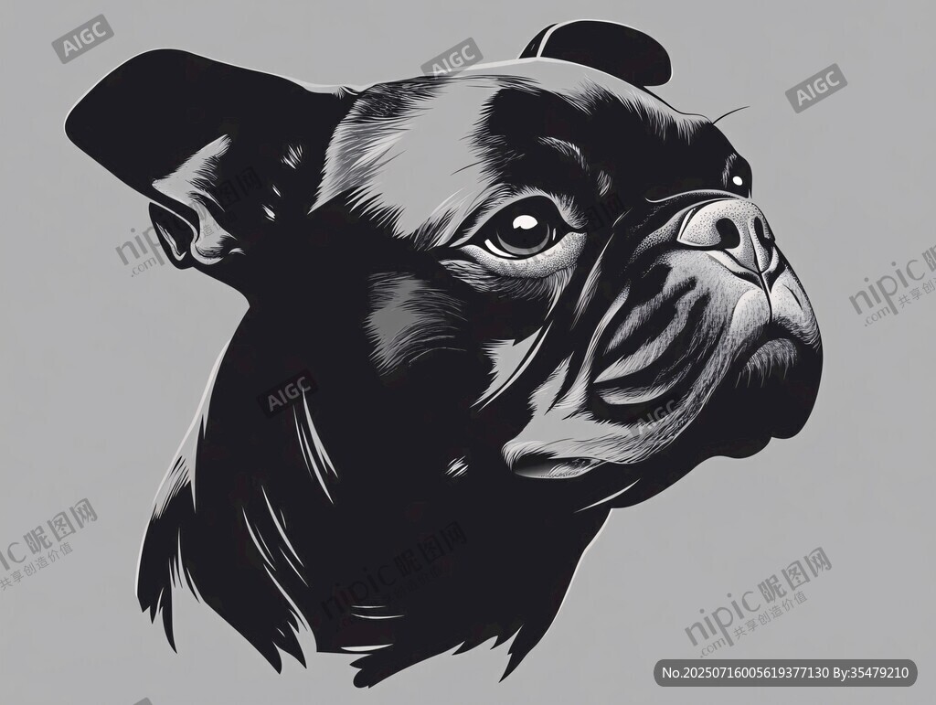法國斗牛犬黑白插畫頭像