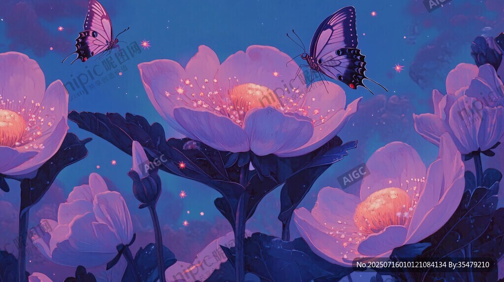 夢(mèng)幻紫花與蝶的浪漫夜景
