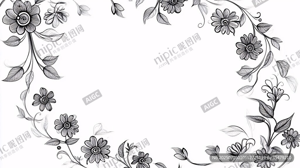 黑白花卉邊框裝飾圖案