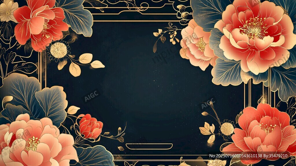 中式牡丹繁花邊框背景圖