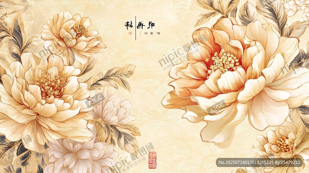 金色牡丹中式典雅花卉圖