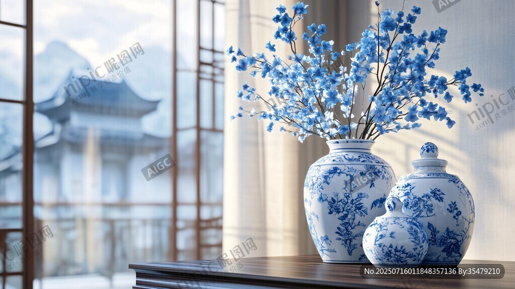 青花瓷瓶插藍花雅致景致