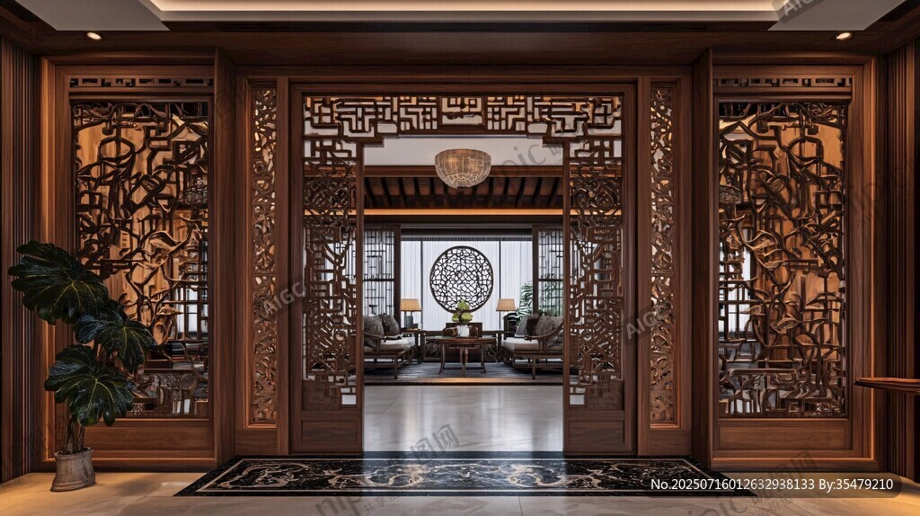 中式典雅木雕屏風(fēng)玄關(guān)